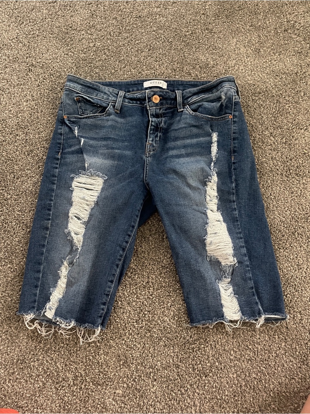 GUESS Women's Dark Blue Distressed Boyfriend Denim Shorts